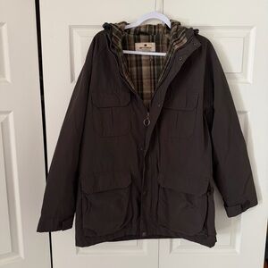 Woolrich men’s chocolate brown hooded parka fleece lined Plaid Jacket size large